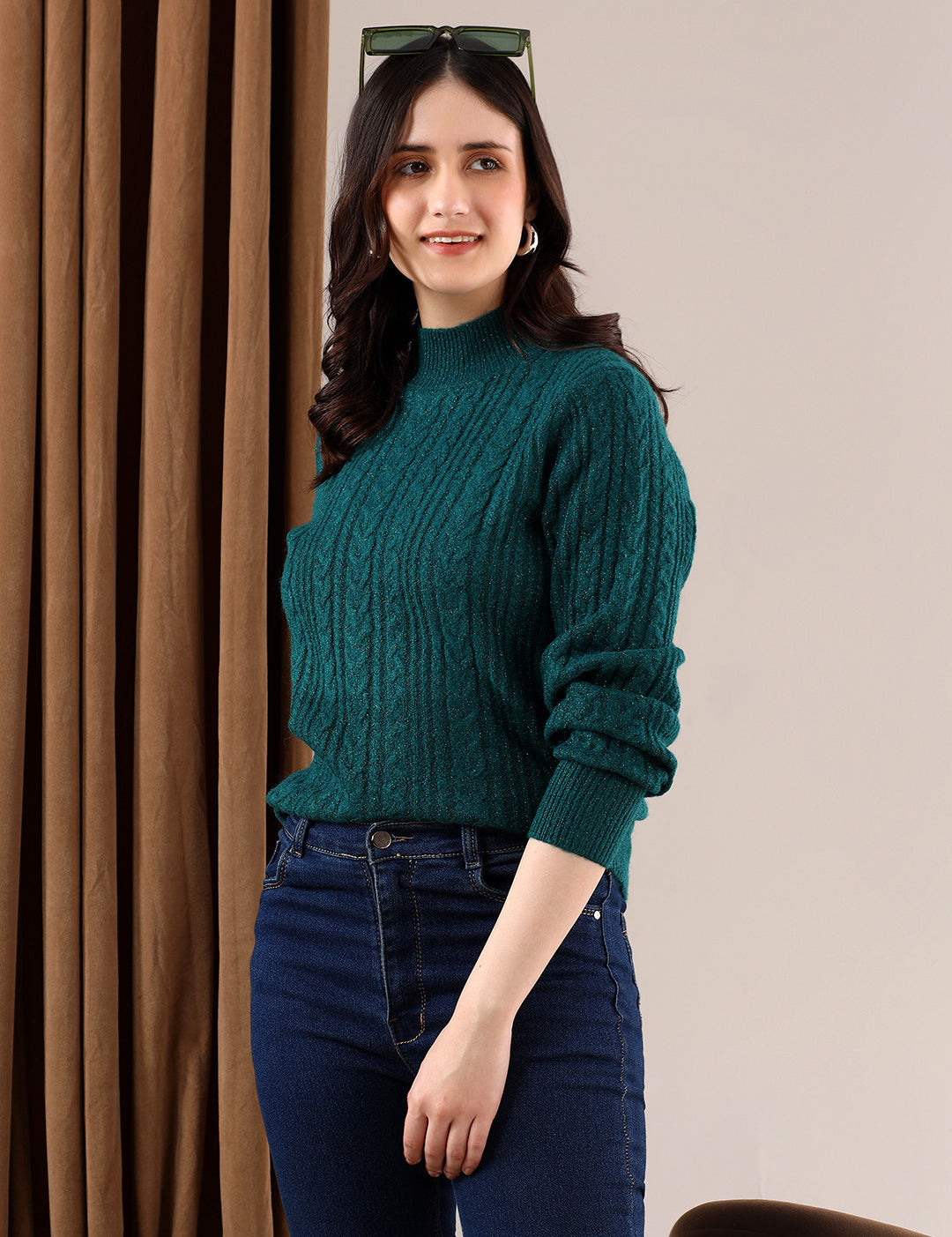 KOTTY Solid Round Neck Casual Women Dark Green Sweater 