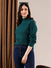 KOTTY Solid Round Neck Casual Women Dark Green Sweater 