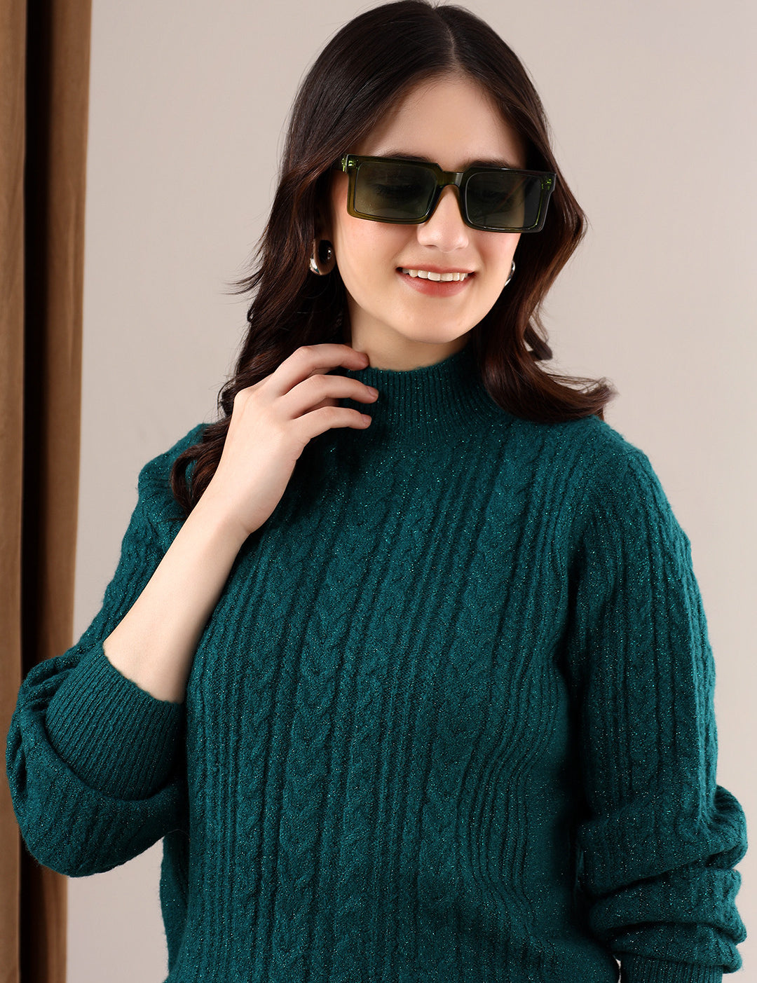 KOTTY Solid Round Neck Casual Women Dark Green Sweater 