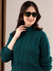 KOTTY Solid Round Neck Casual Women Dark Green Sweater 