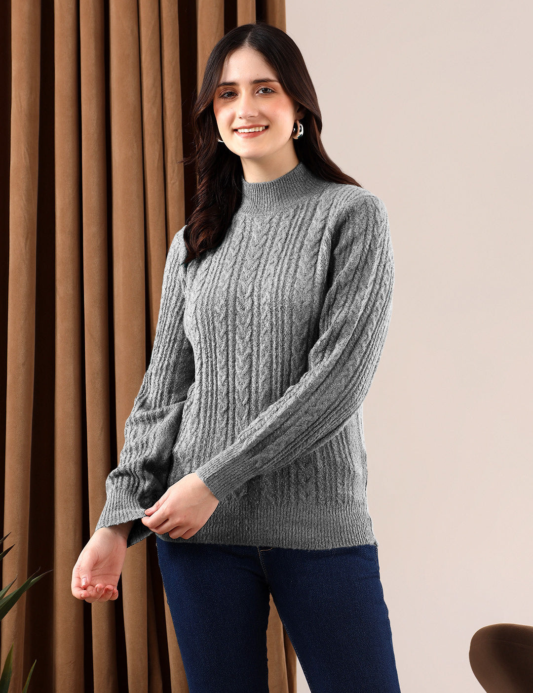 KOTTY Solid High Neck Casual Women Grey Sweater 
