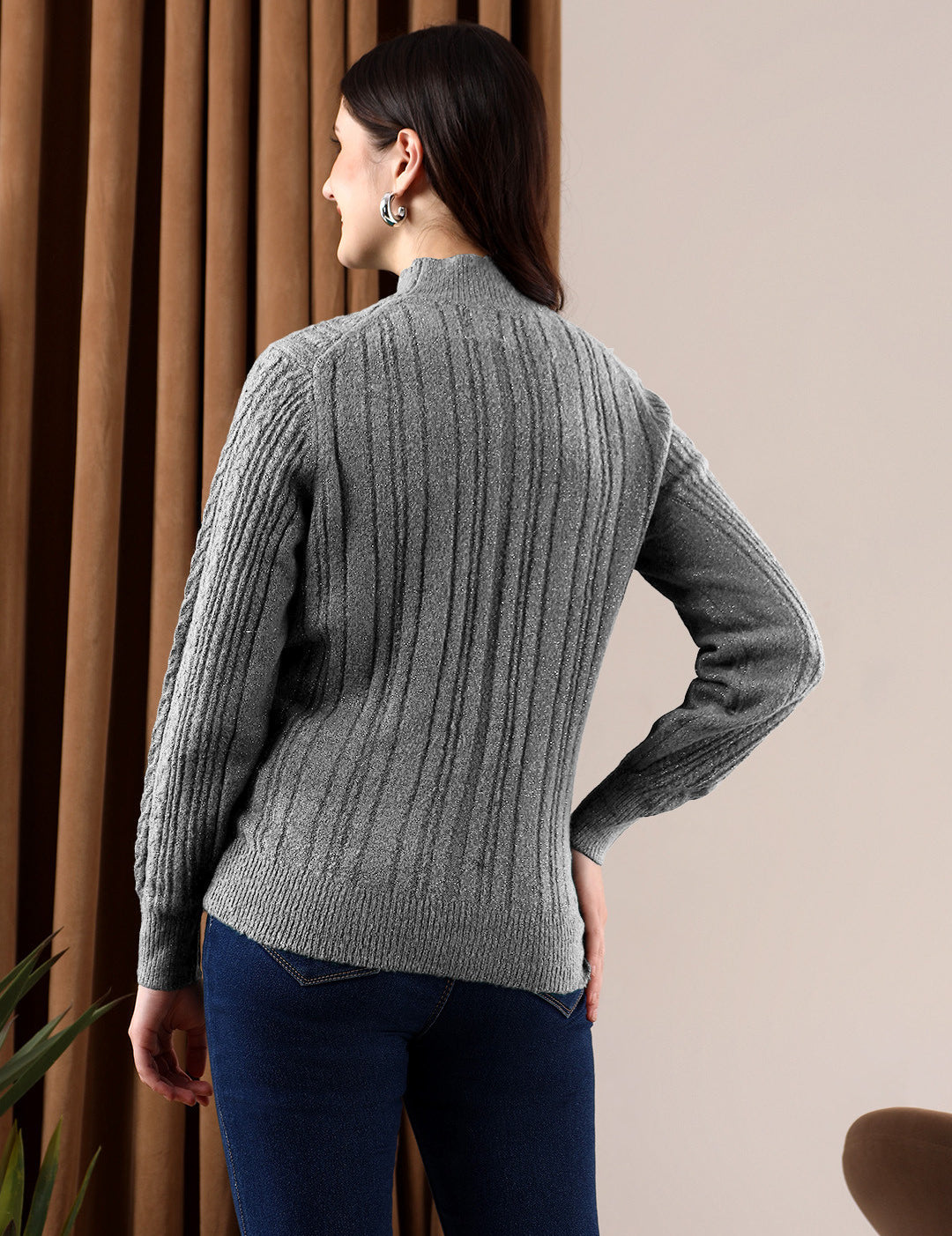 KOTTY Solid High Neck Casual Women Grey Sweater 