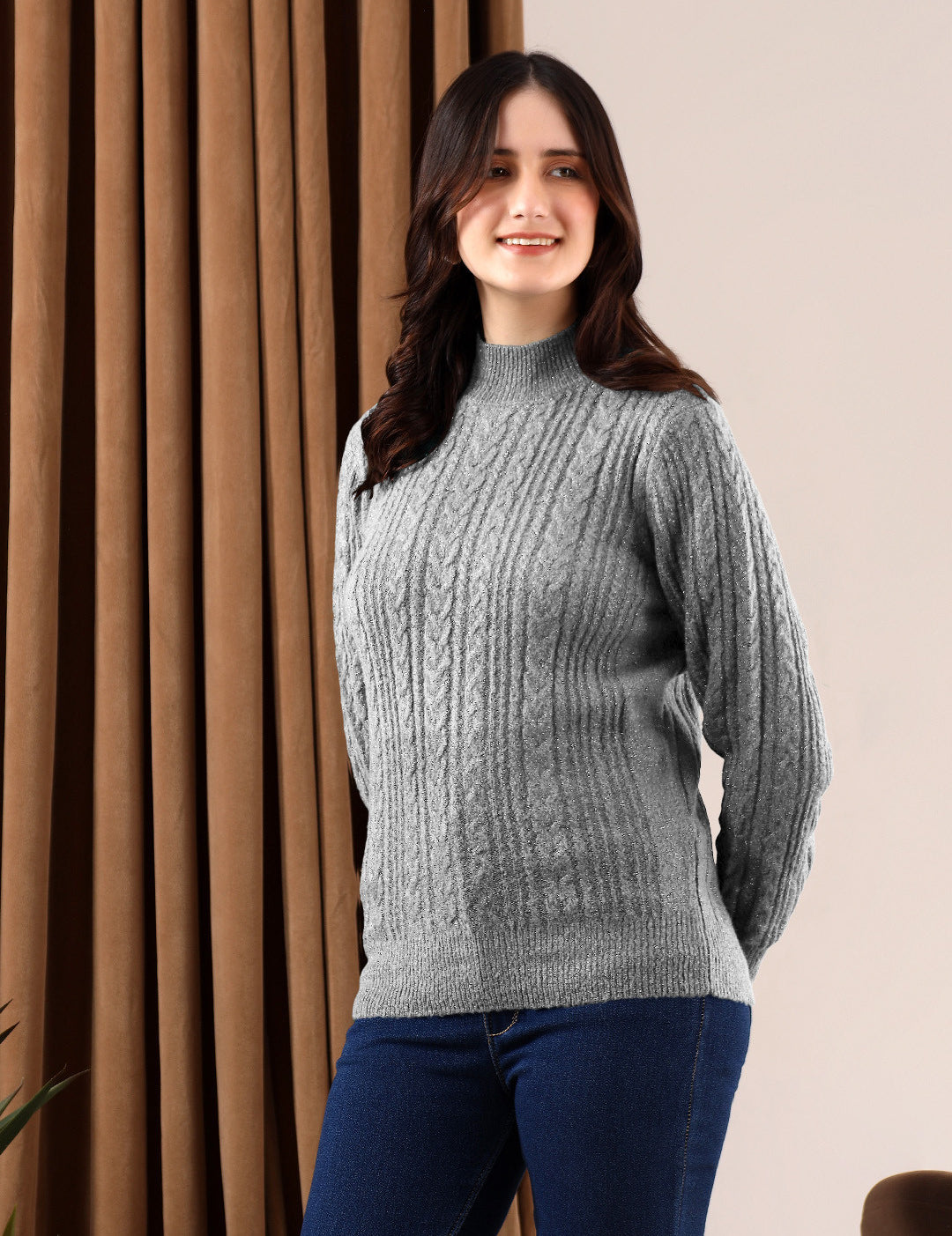 KOTTY Solid High Neck Casual Women Grey Sweater 