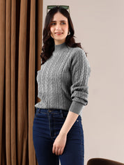 KOTTY Solid High Neck Casual Women Grey Sweater 