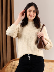 KOTTY Solid Round Neck Casual Women Beige Sweater 