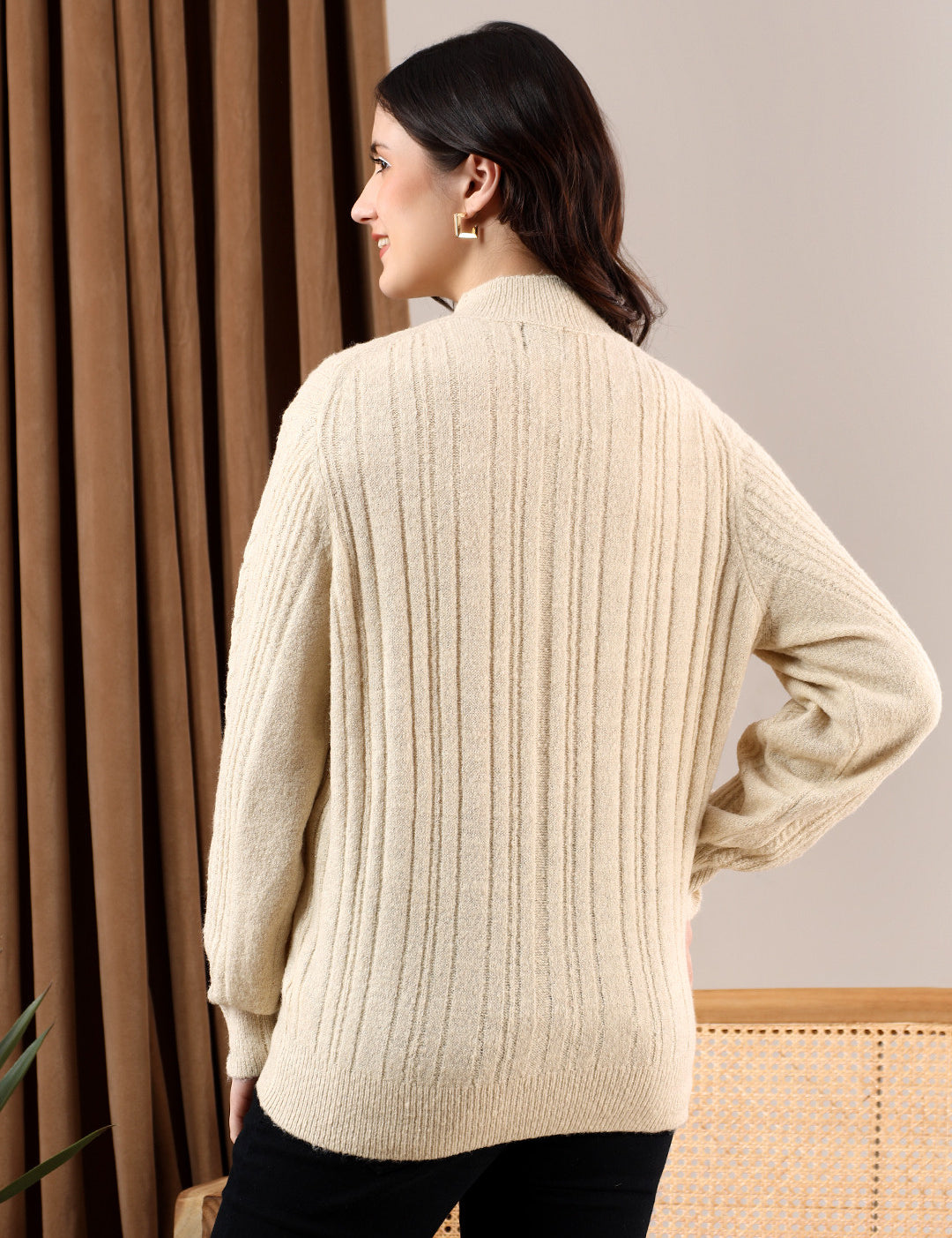KOTTY Solid Round Neck Casual Women Beige Sweater 