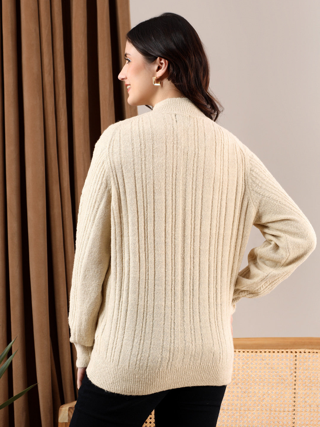 KOTTY Solid Round Neck Casual Women Beige Sweater 