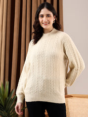 KOTTY Solid Round Neck Casual Women Beige Sweater 