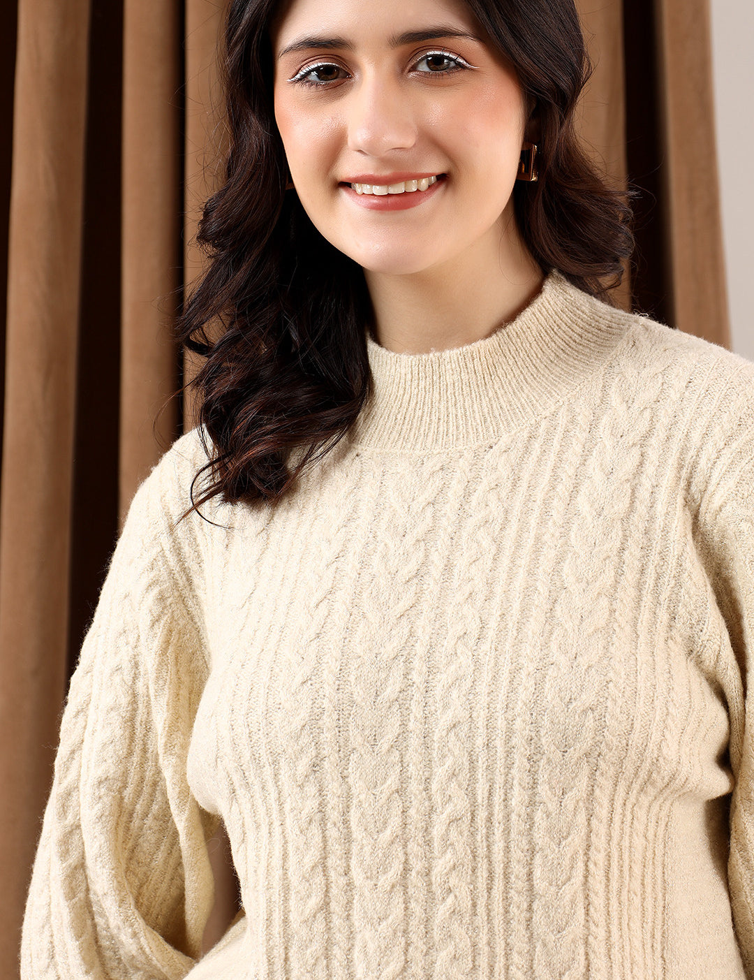 KOTTY Solid Round Neck Casual Women Beige Sweater 