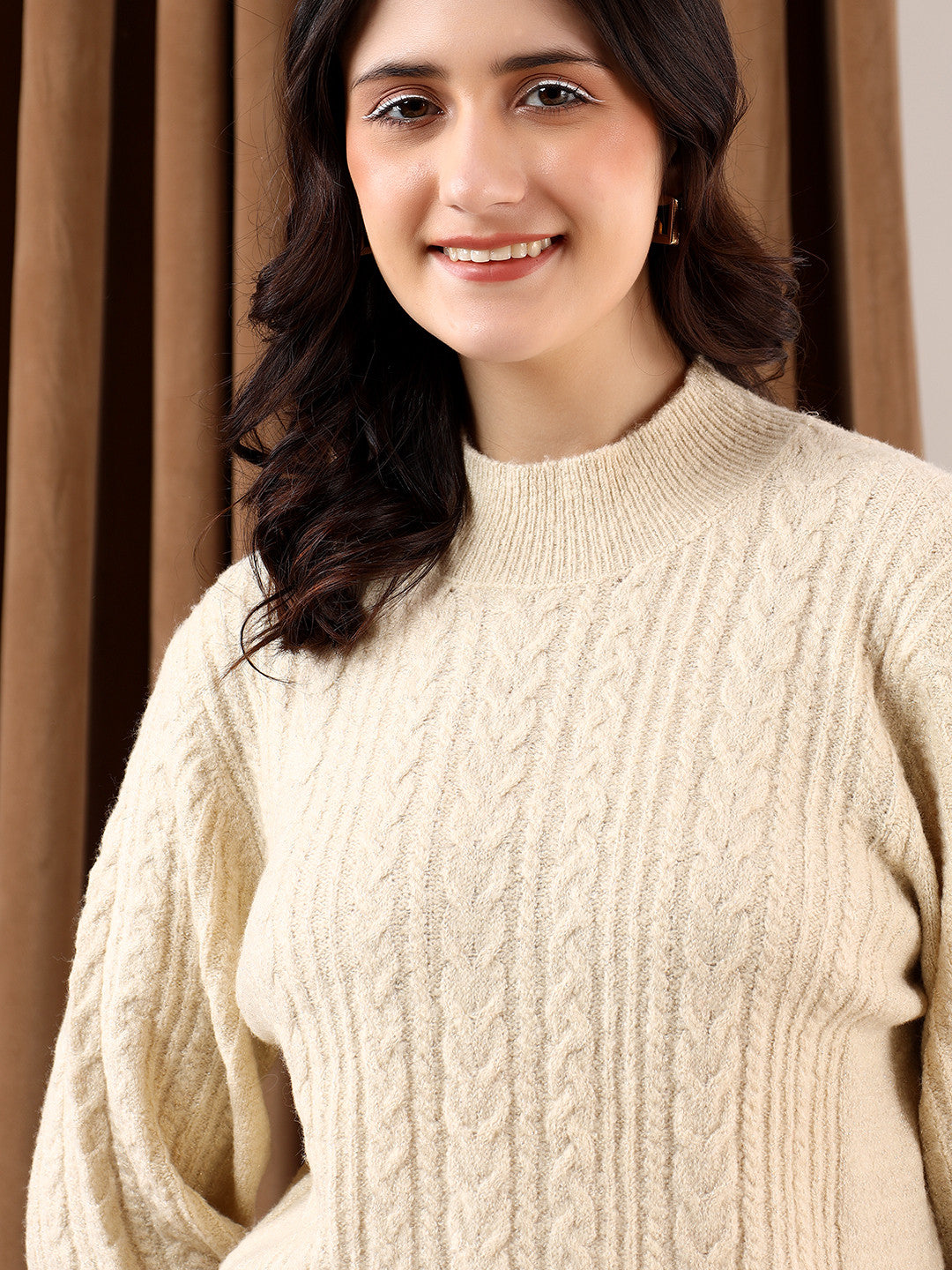 KOTTY Solid Round Neck Casual Women Beige Sweater 