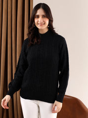 KOTTY Solid Round Neck Casual Women Black Sweater 