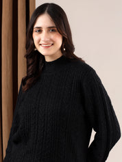 KOTTY Solid Round Neck Casual Women Black Sweater 