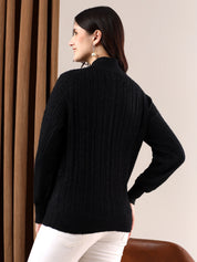 KOTTY Solid Round Neck Casual Women Black Sweater 