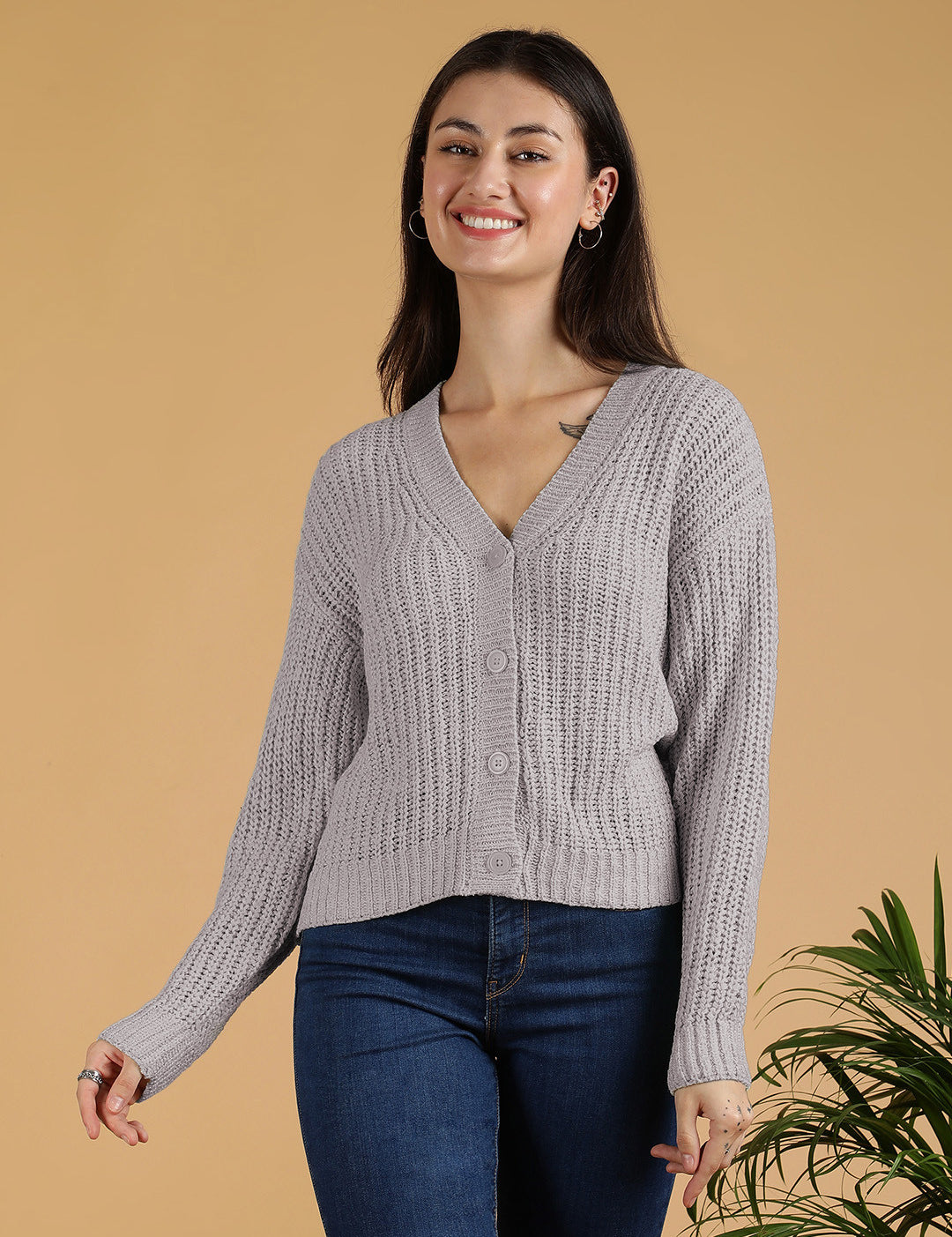 KOTTY Solid V Neck Casual Women Grey Sweater 