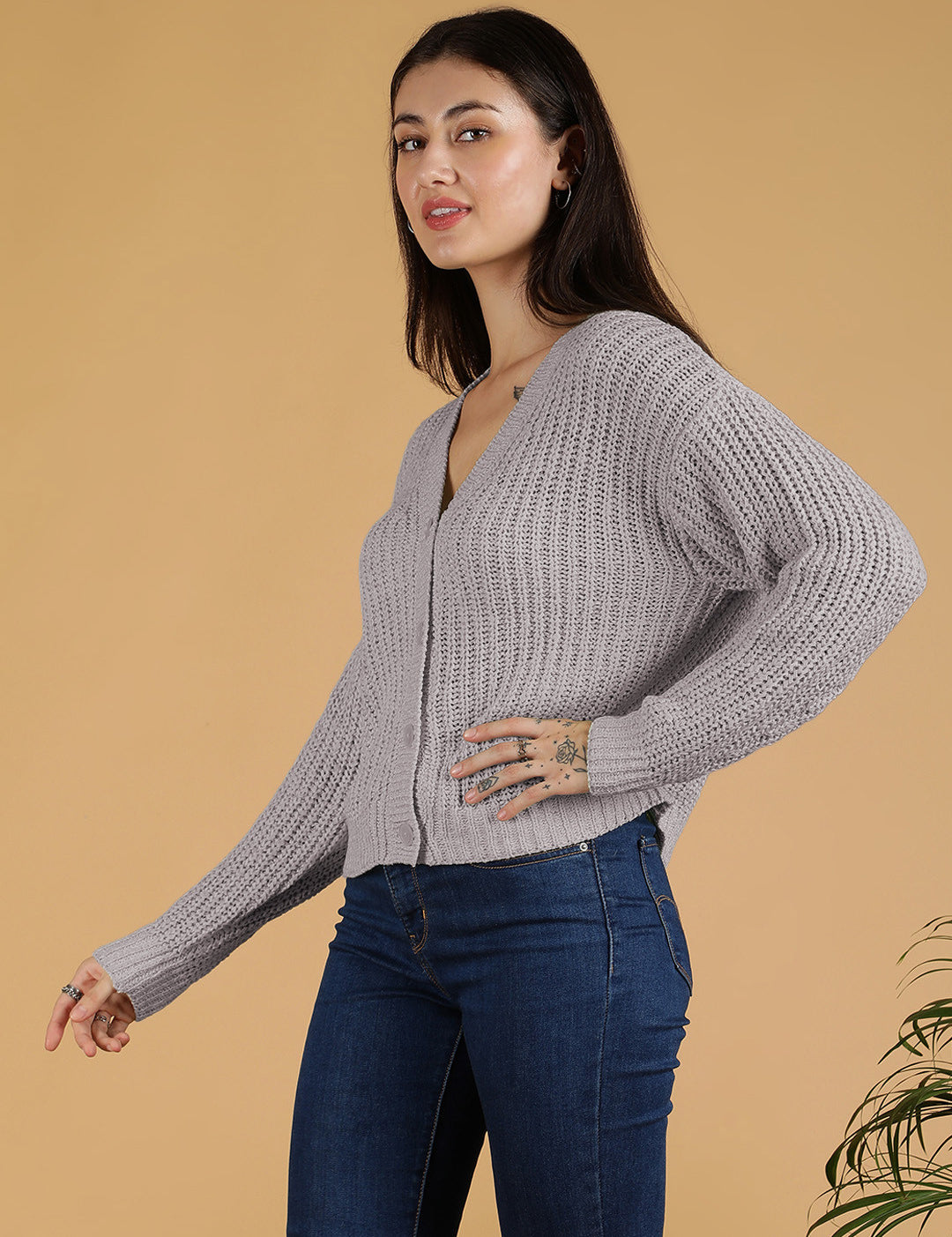 KOTTY Solid V Neck Casual Women Grey Sweater 