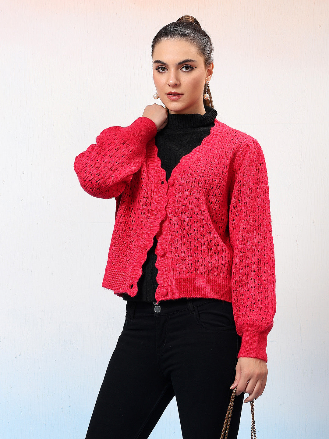 KOTTY Solid V Neck Casual Women Pink Sweater 