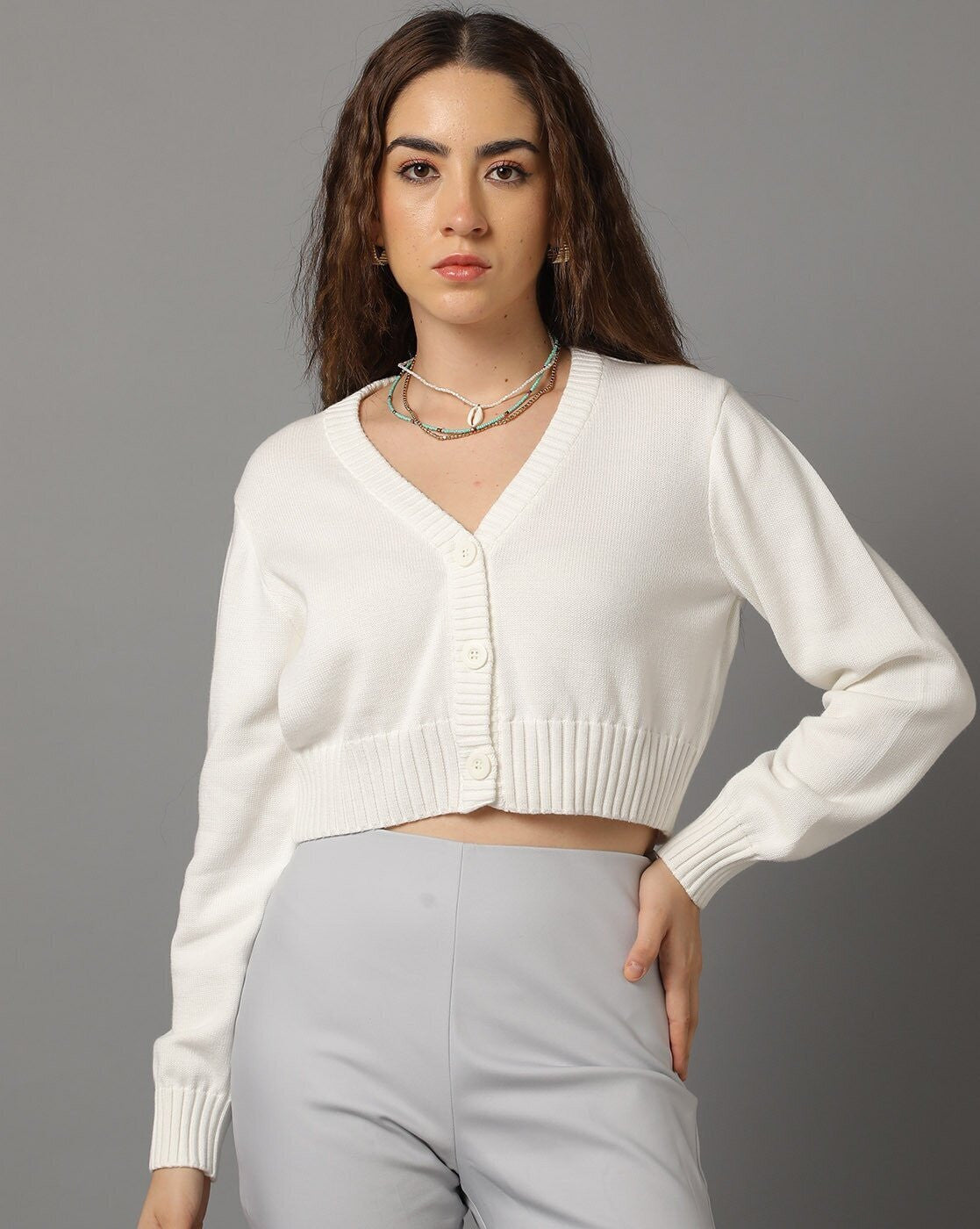 KOTTY Solid V Neck Casual Women White Sweater 