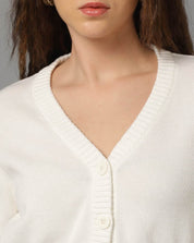 KOTTY Solid V Neck Casual Women White Sweater 