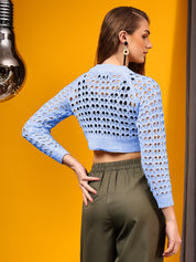 KOTTY Solid Round Neck Casual Women Blue Sweater 