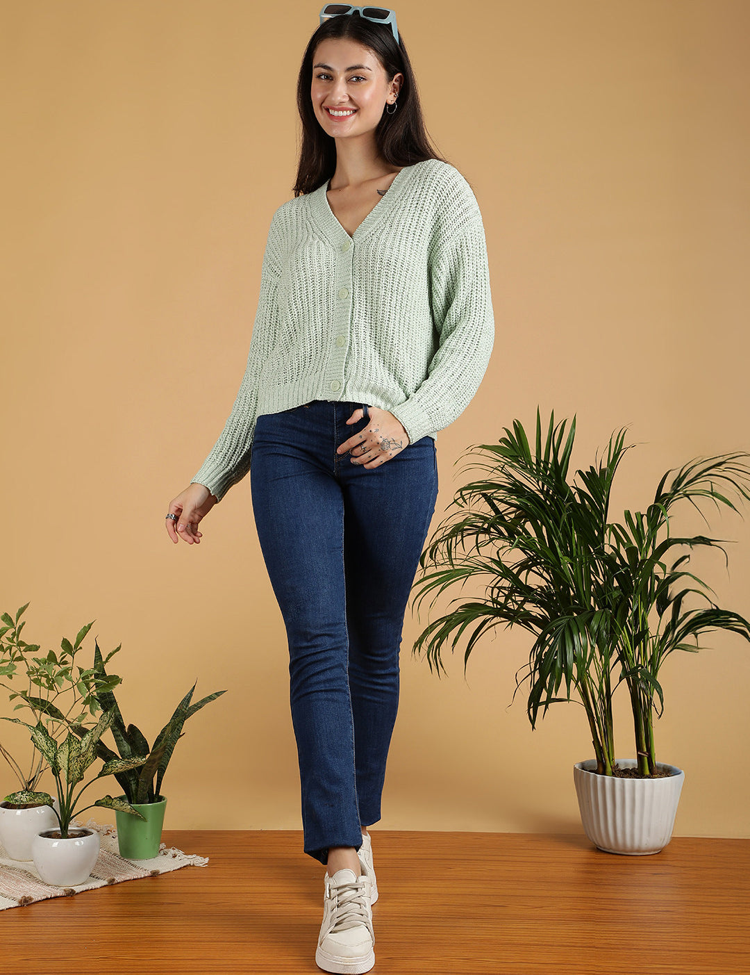 KOTTY Self Design V Neck Casual Women Light Green Sweater 