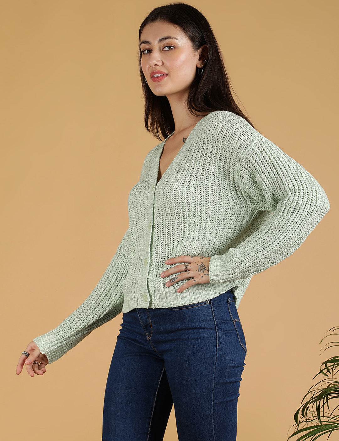 KOTTY Self Design V Neck Casual Women Light Green Sweater 