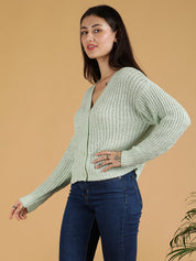 KOTTY Self Design V Neck Casual Women Light Green Sweater 