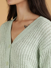 KOTTY Self Design V Neck Casual Women Light Green Sweater 