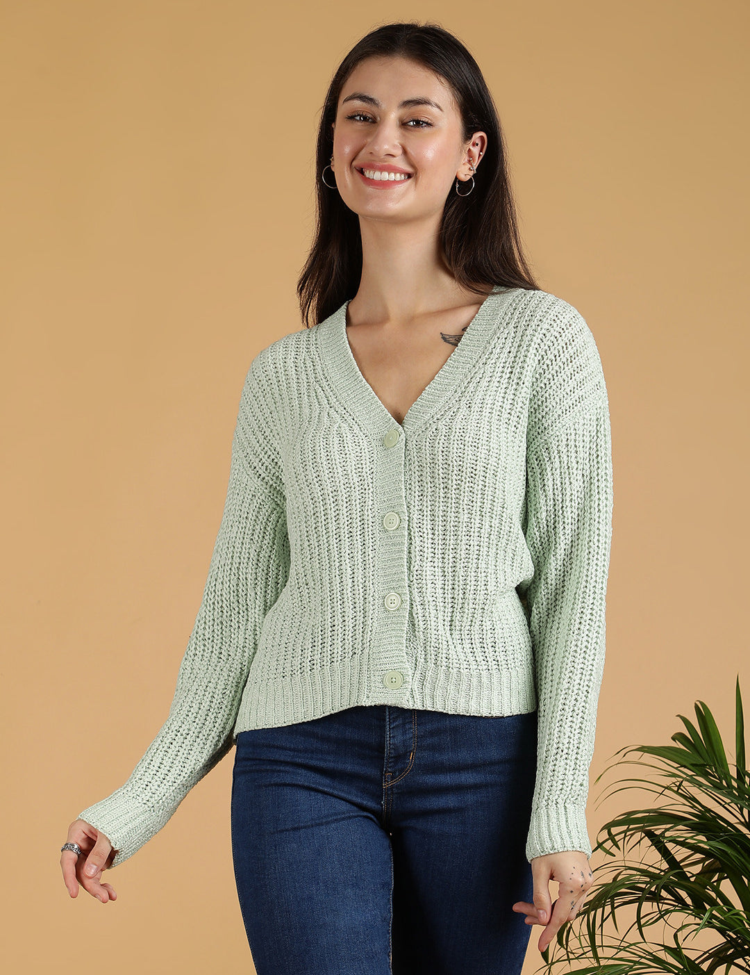 KOTTY Self Design V Neck Casual Women Light Green Sweater 