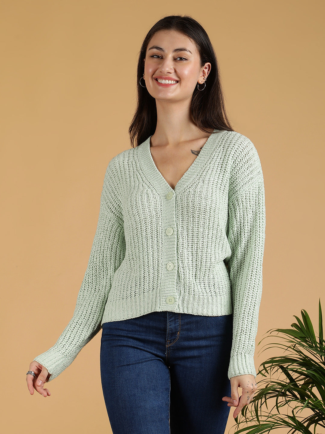 KOTTY Self Design V Neck Casual Women Light Green Sweater 