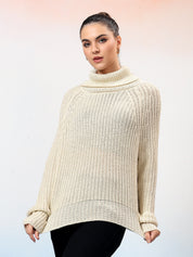 KOTTY Self Design High Neck Casual Women White Sweater 