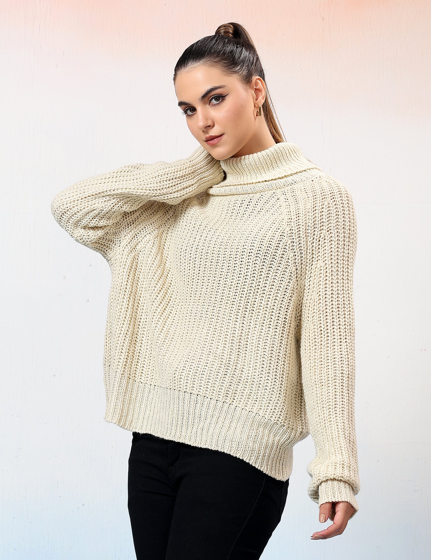 KOTTY Self Design High Neck Casual Women White Sweater 