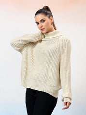 KOTTY Self Design High Neck Casual Women White Sweater 
