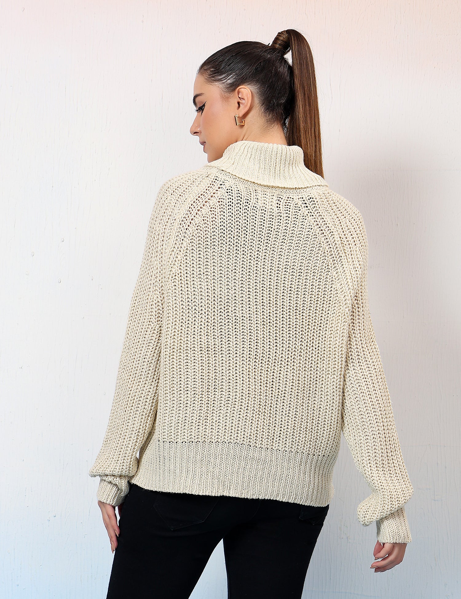 KOTTY Self Design High Neck Casual Women White Sweater 