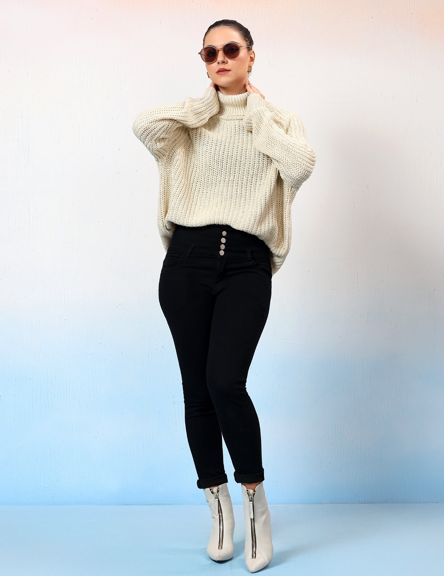 KOTTY Self Design High Neck Casual Women White Sweater 
