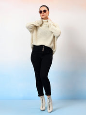 KOTTY Self Design High Neck Casual Women White Sweater 