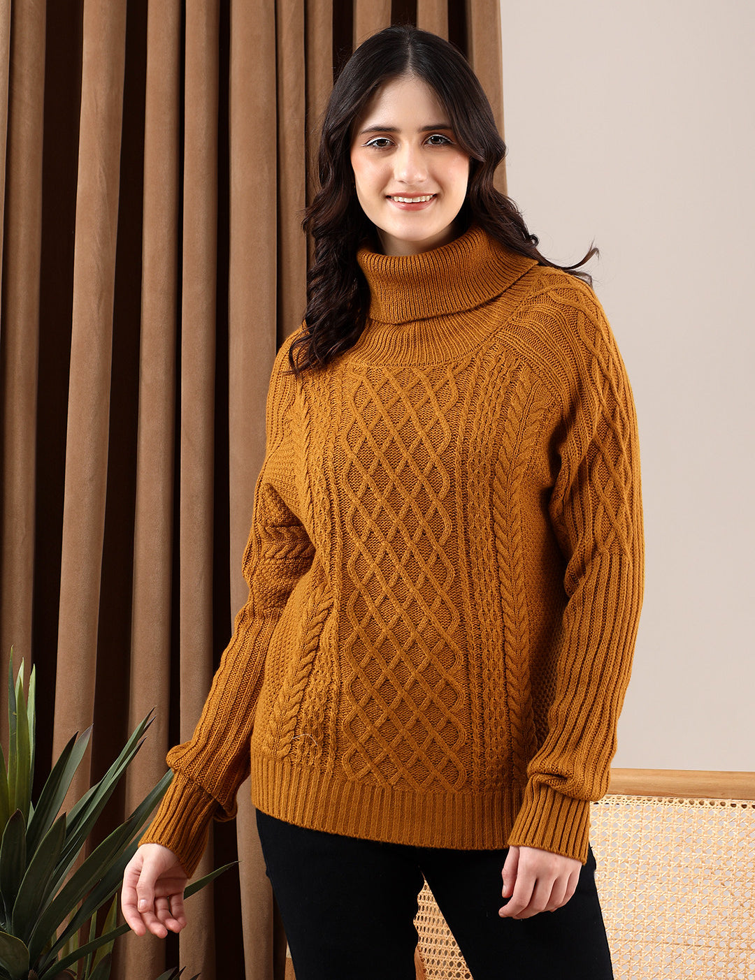 KOTTY Solid High Neck Casual Women Orange Sweater 