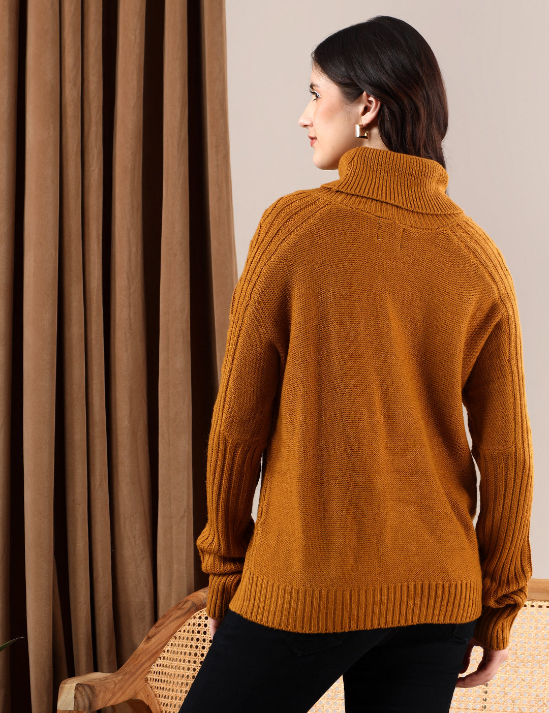 KOTTY Solid High Neck Casual Women Orange Sweater 