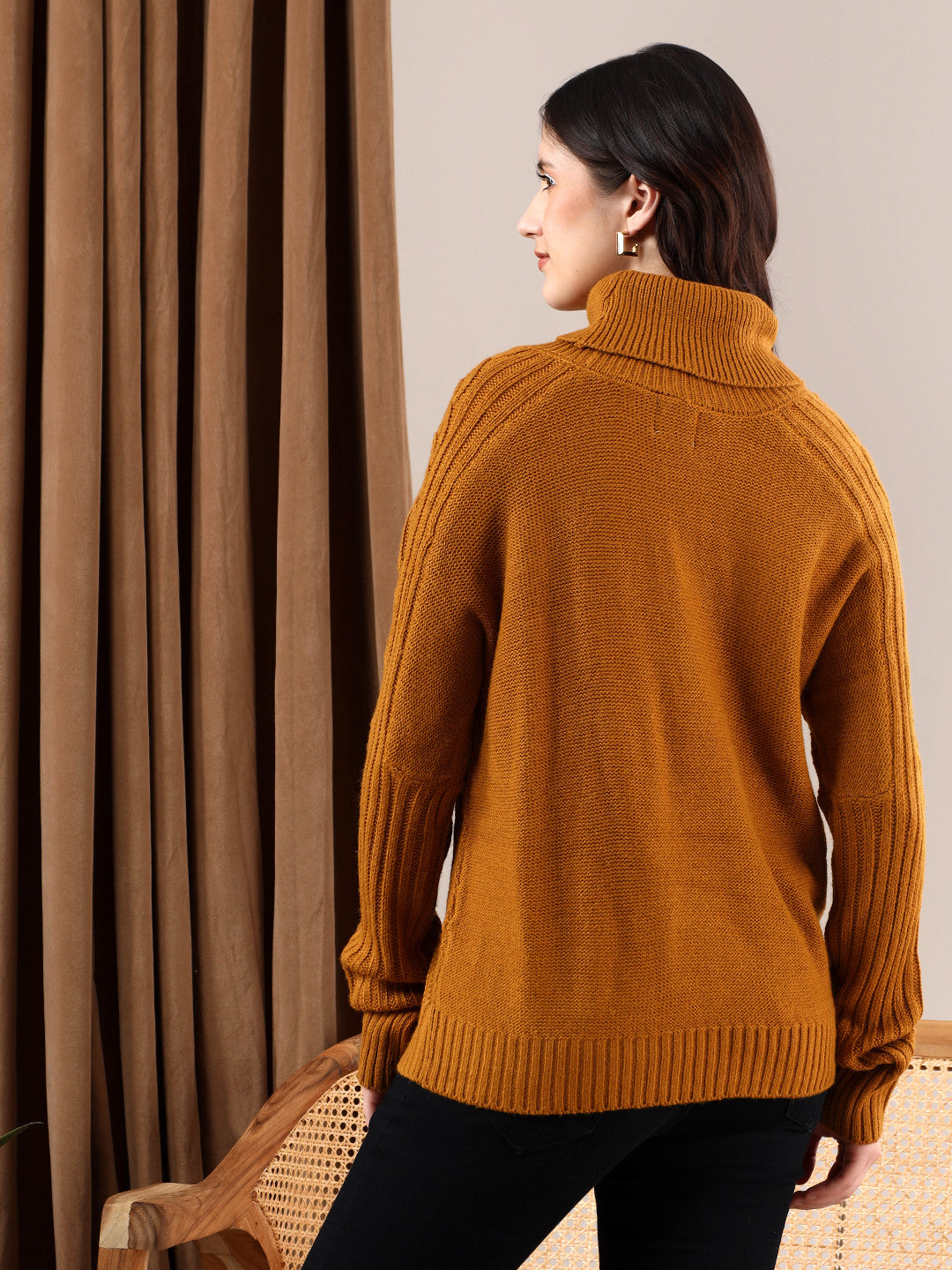 KOTTY Solid High Neck Casual Women Orange Sweater 