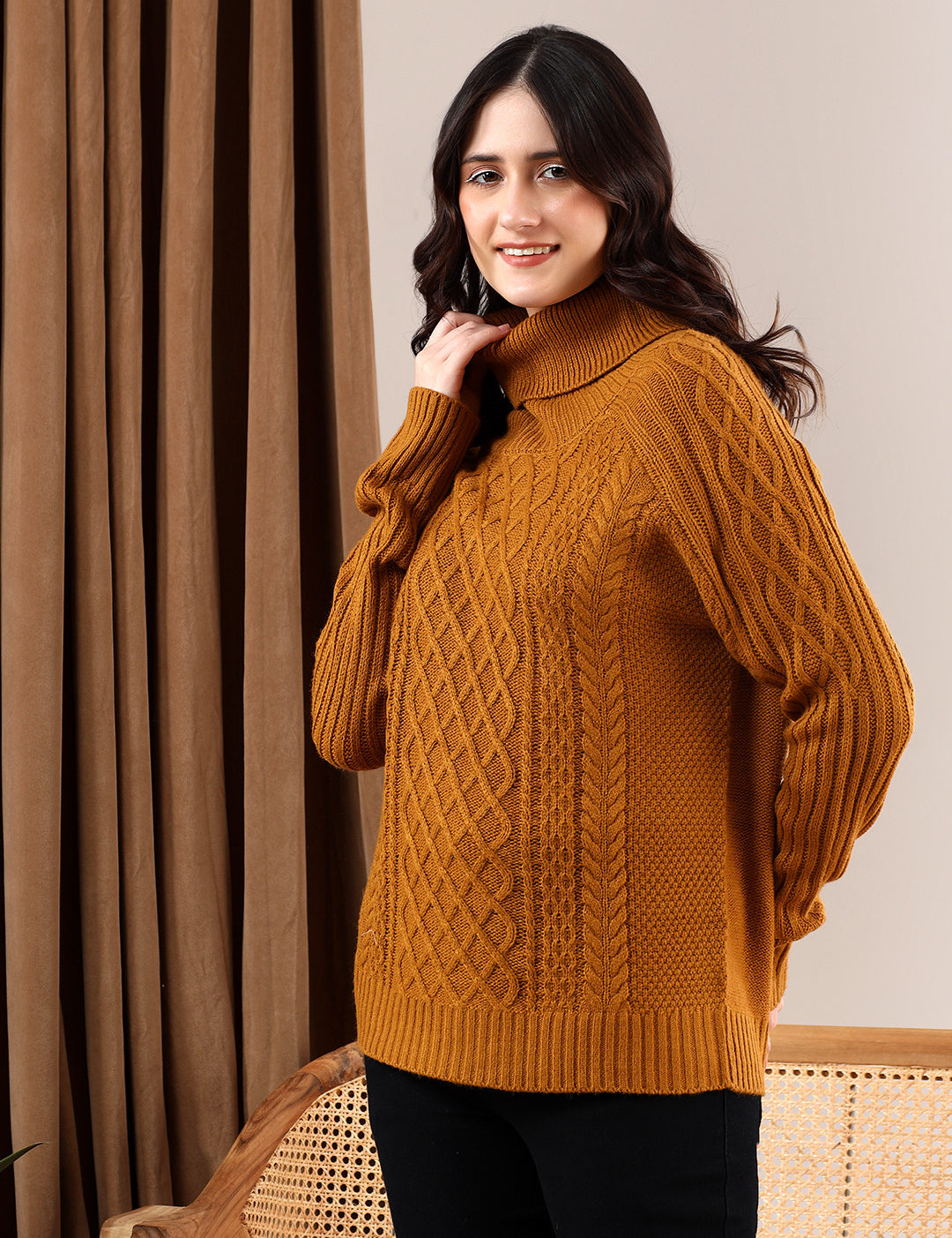 KOTTY Solid High Neck Casual Women Orange Sweater 