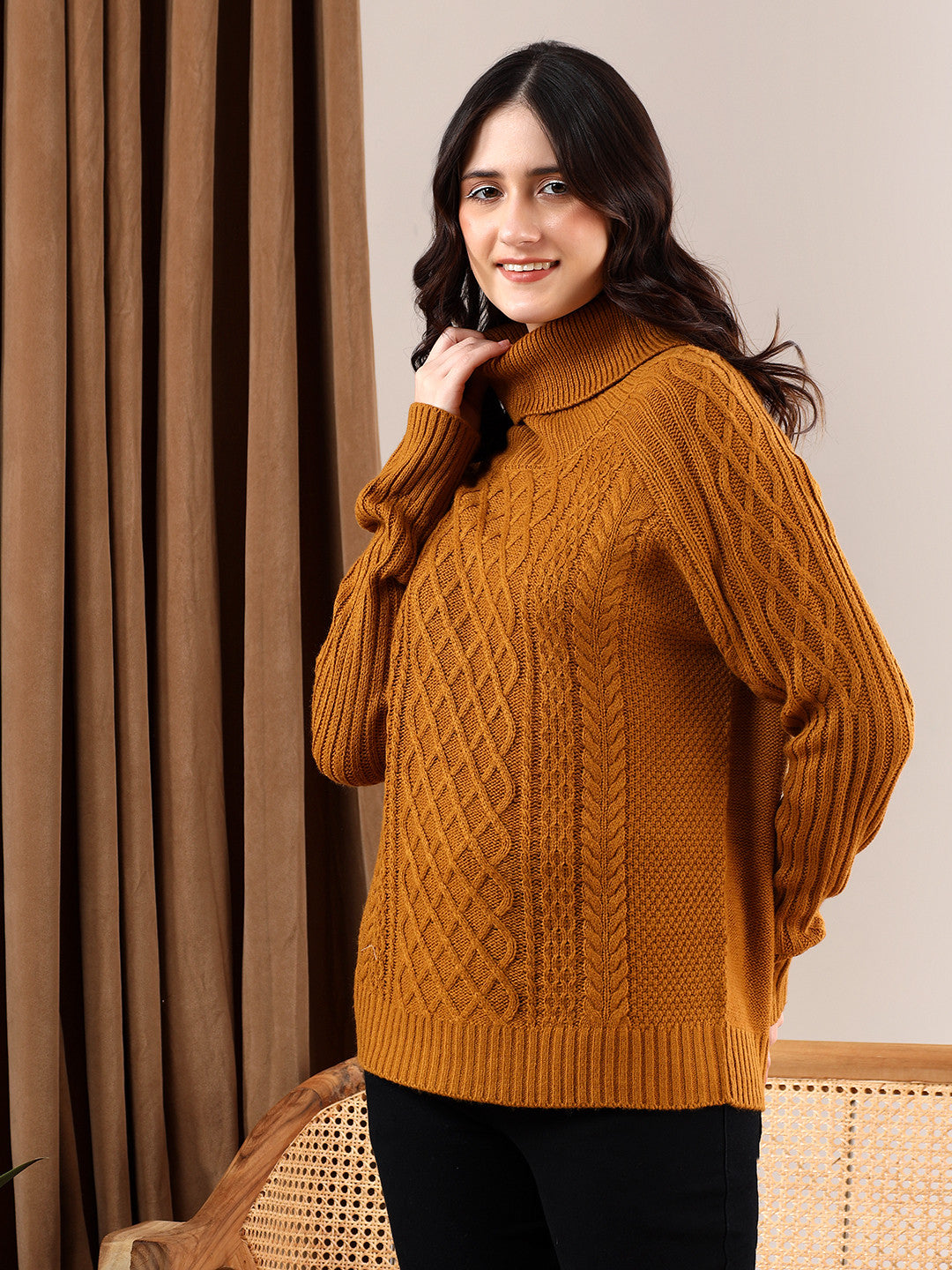 KOTTY Solid High Neck Casual Women Orange Sweater 