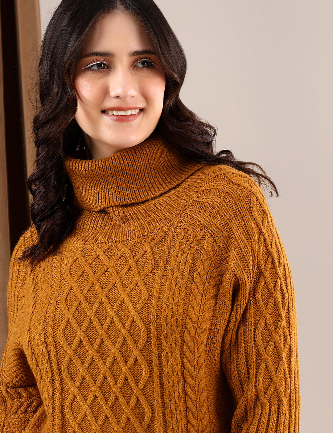 KOTTY Solid High Neck Casual Women Orange Sweater 
