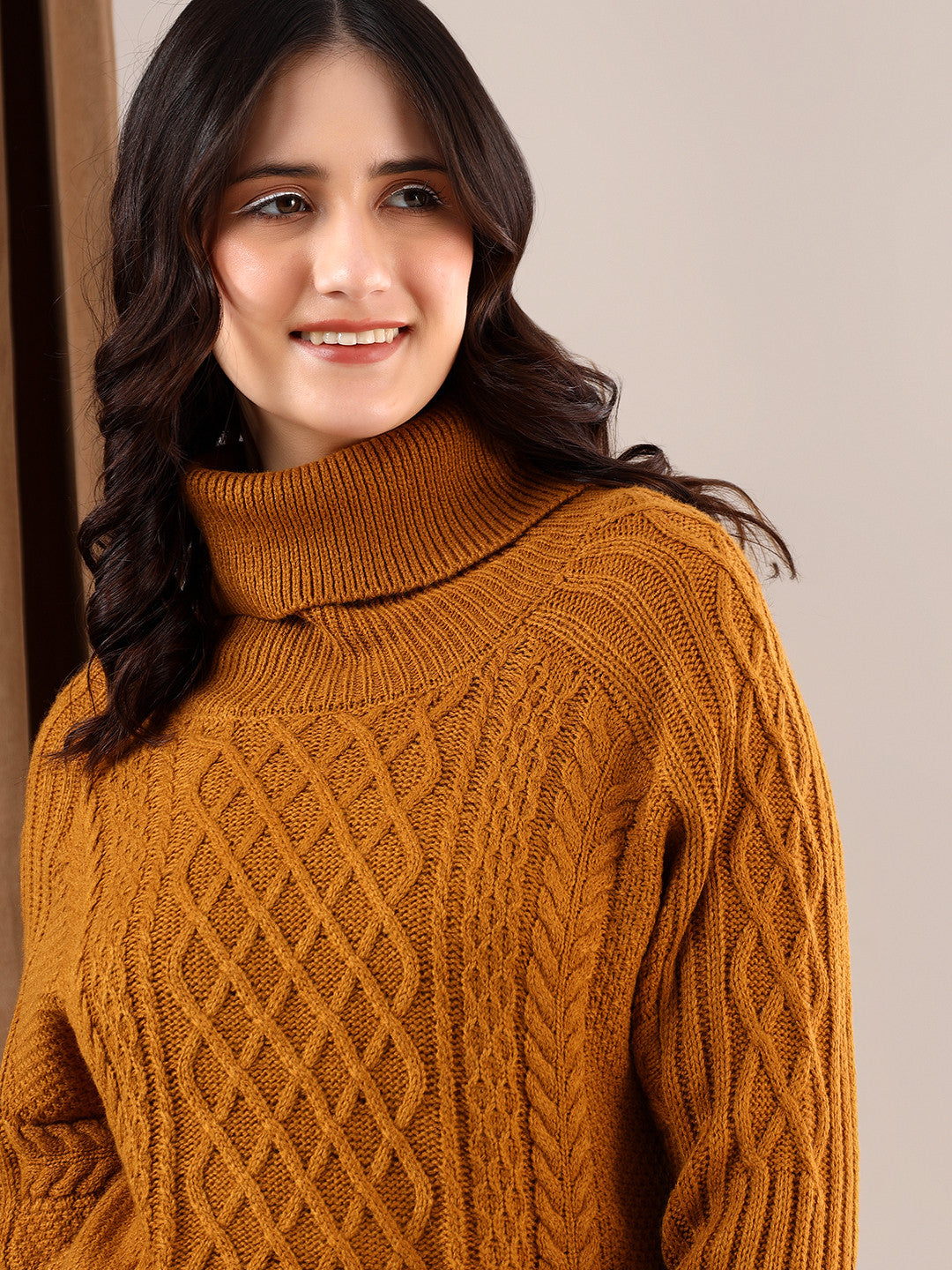 KOTTY Solid High Neck Casual Women Orange Sweater 