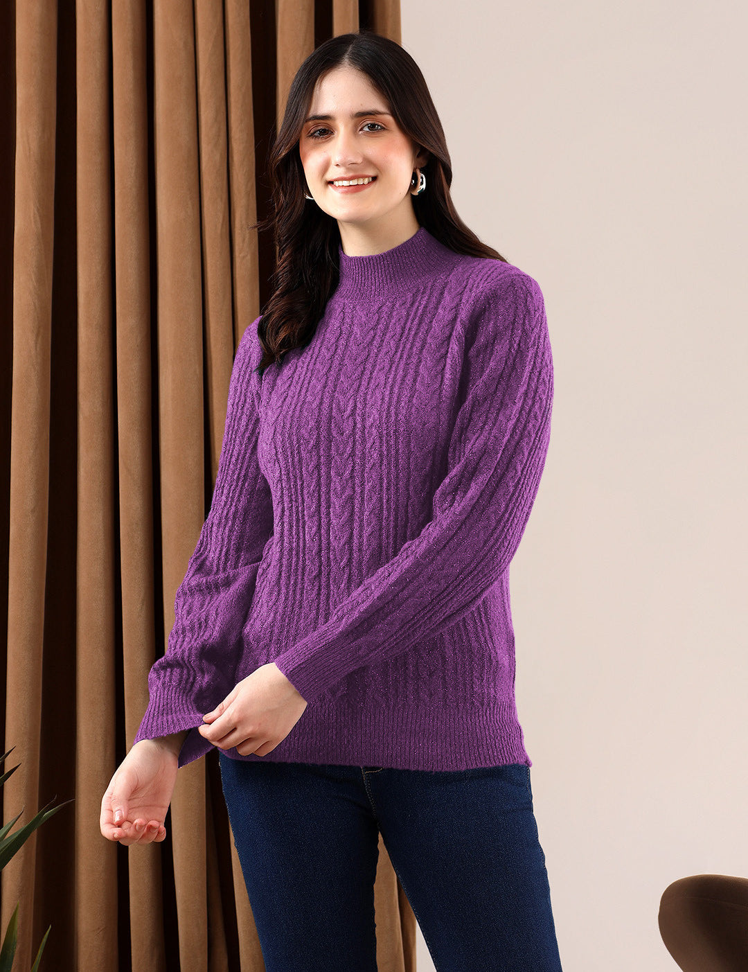 KOTTY Solid High Neck Casual Women Purple Sweater 