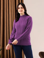 KOTTY Solid High Neck Casual Women Purple Sweater 