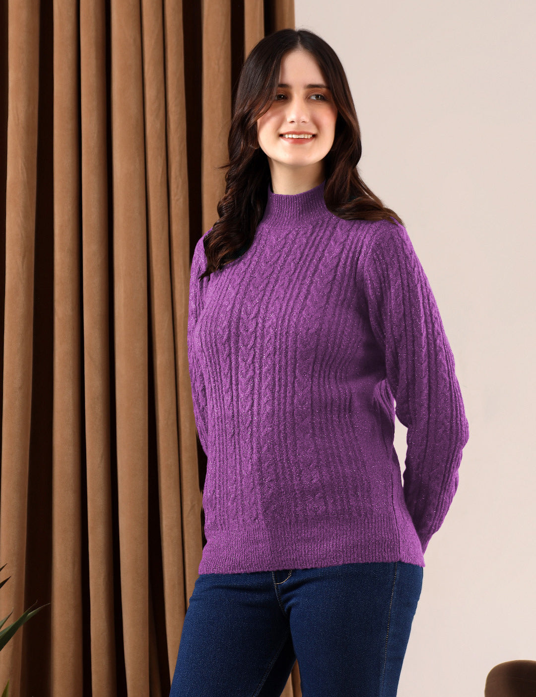 KOTTY Solid High Neck Casual Women Purple Sweater 