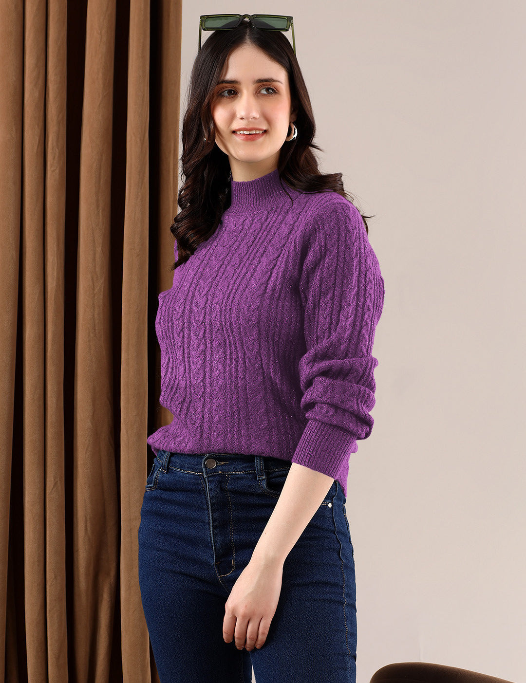 KOTTY Solid High Neck Casual Women Purple Sweater 