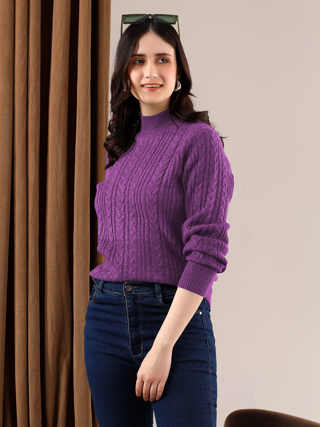 KOTTY Solid High Neck Casual Women Purple Sweater 