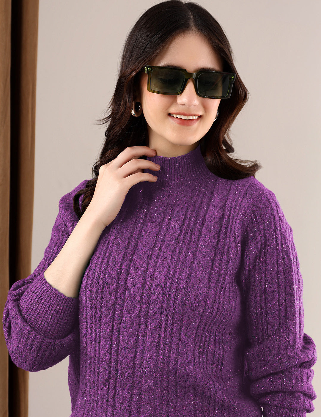 KOTTY Solid High Neck Casual Women Purple Sweater 
