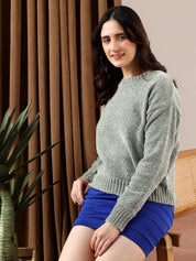 KOTTY Solid Round Neck Casual Women Grey Sweater 