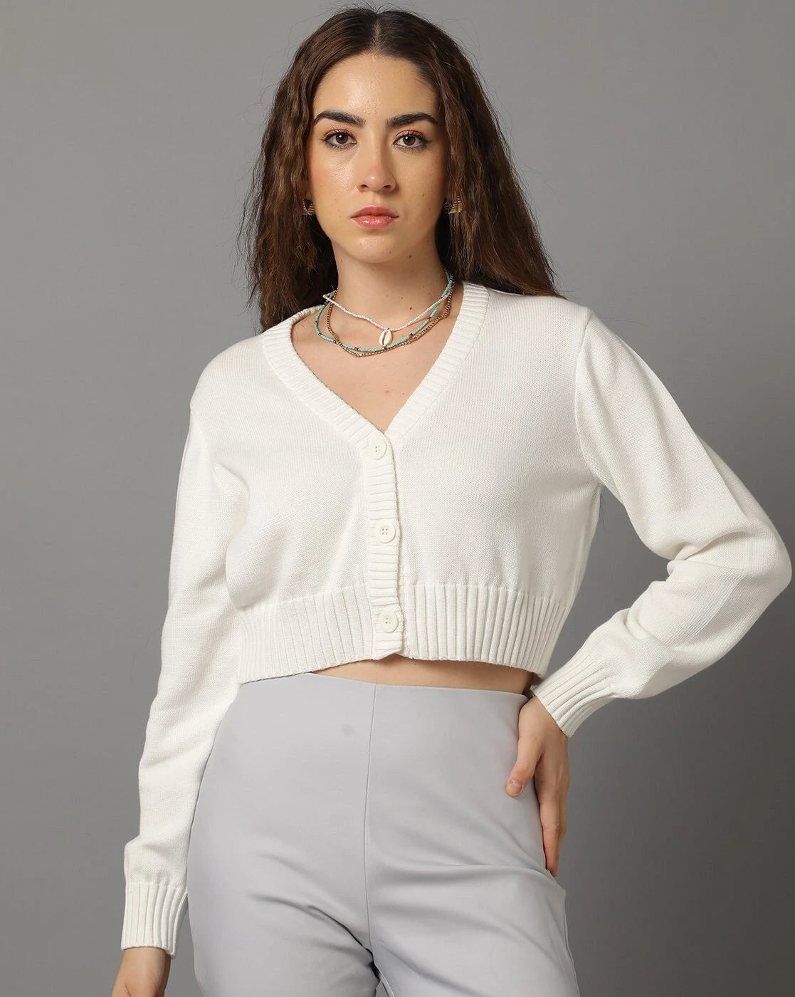 KOTTY Solid V Neck Casual Women White Sweater 